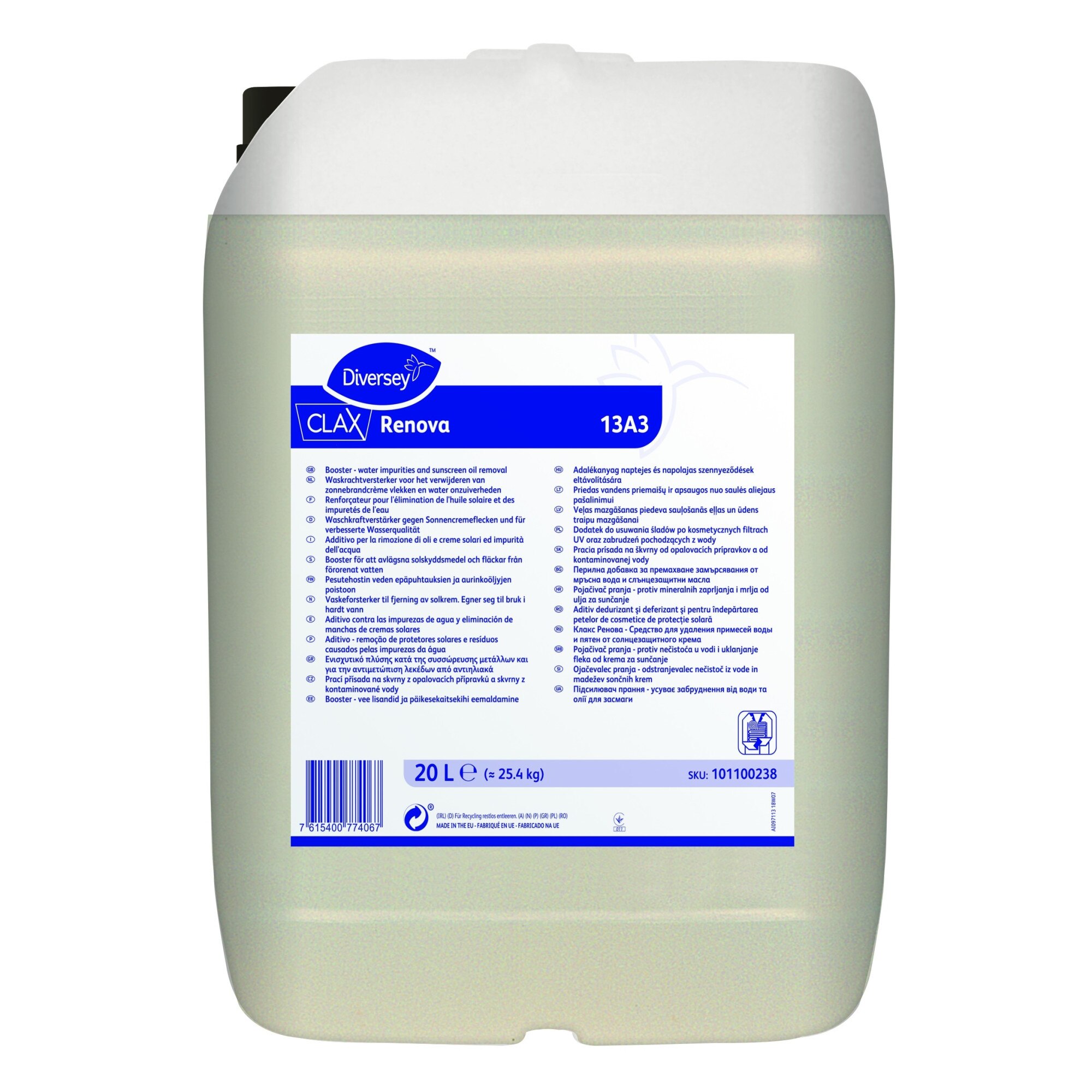 Aditiv dedurizant si deferizant pentru indepartarea petelor de cosmetice si uleiurilor de protectie solara Clax Renova 13A3 20L